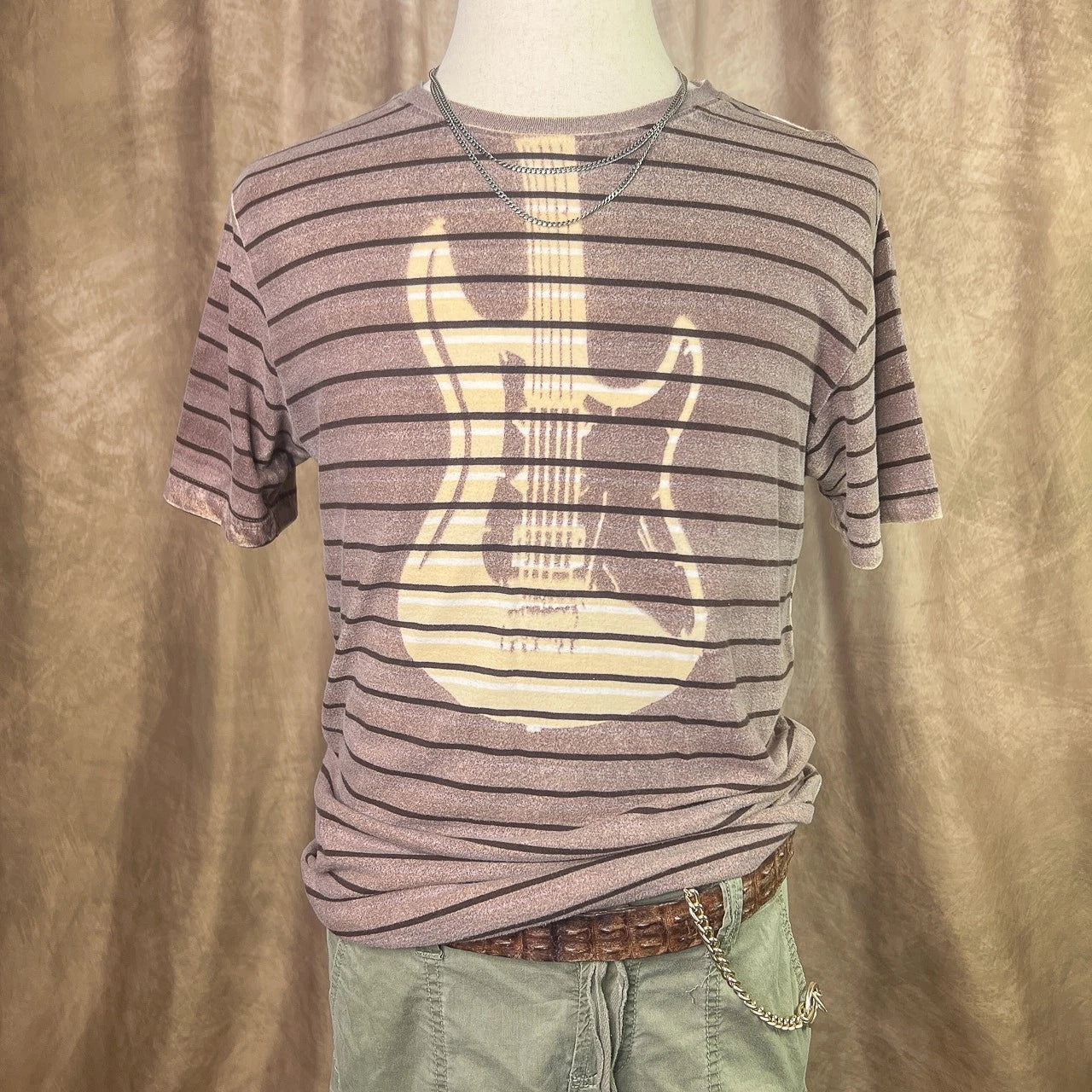 Y2K Skater Grunge Graphic T-Shirt Guitar Tee Striped Bleached Distressed Indie