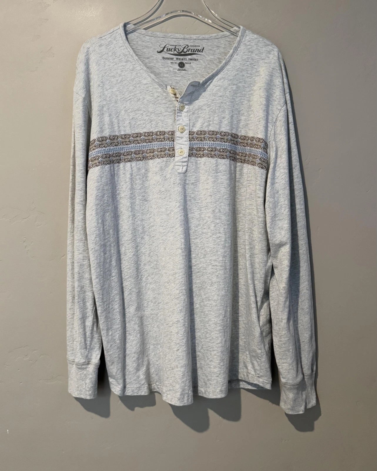 Lucky Brand Shirt Mens XL Summer Weight Henley Long Sleeve Embroidered Boho
