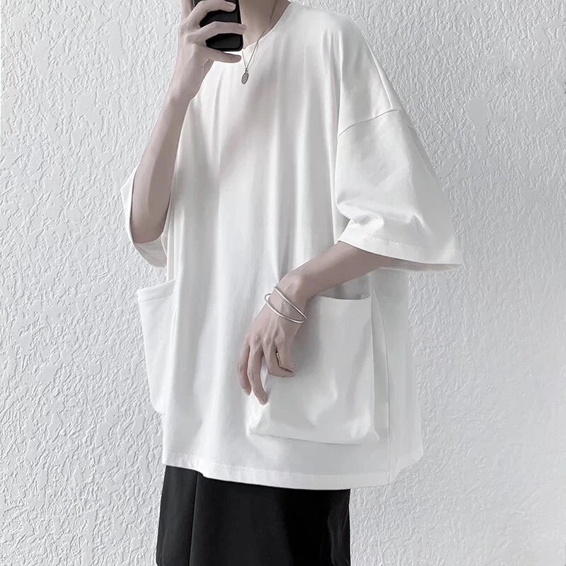Male Big Pocket Oversized T Shirt Crew Neck Raglan Half Sleeve Tee Tops Harajuku