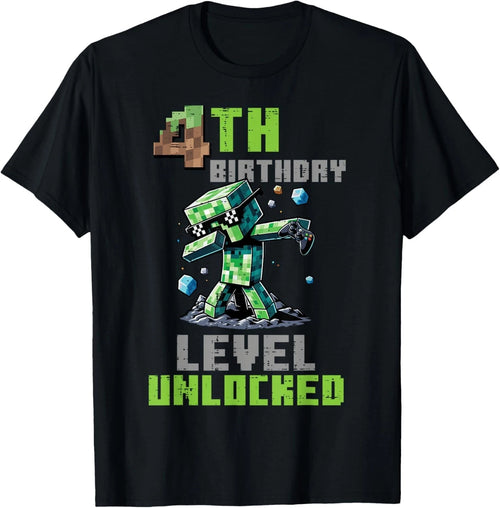 4th Birthday Level Unlocked Pixel Dab 4 Bday Gamer Boys Gift Unisex T-Shirt