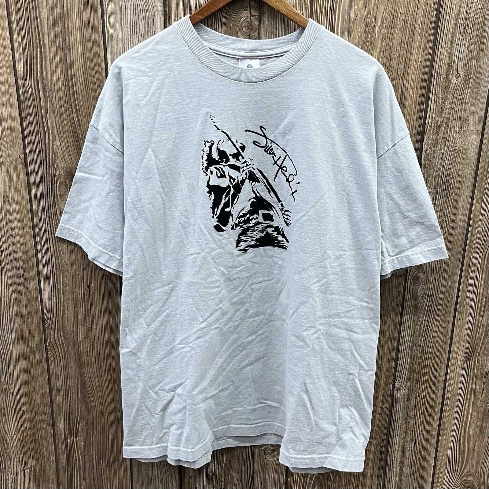 Vintage Jimi Hendrix Guitar Suede Print Graphic Tee Shirt Y2K Grey Mens XXL 2XL
