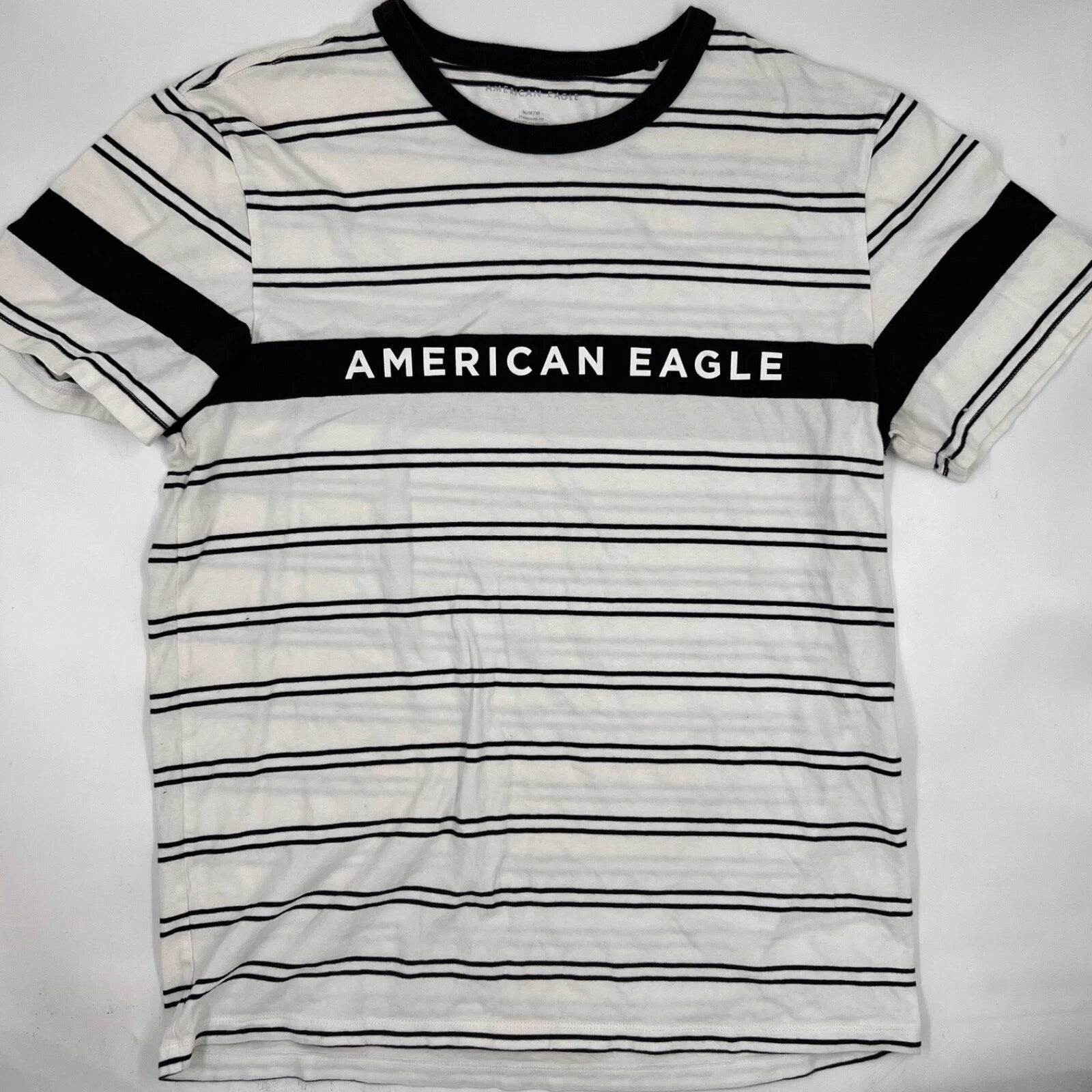American Eagle Mens Crewneck Tshirt Size M White Black Striped Short Sleeve