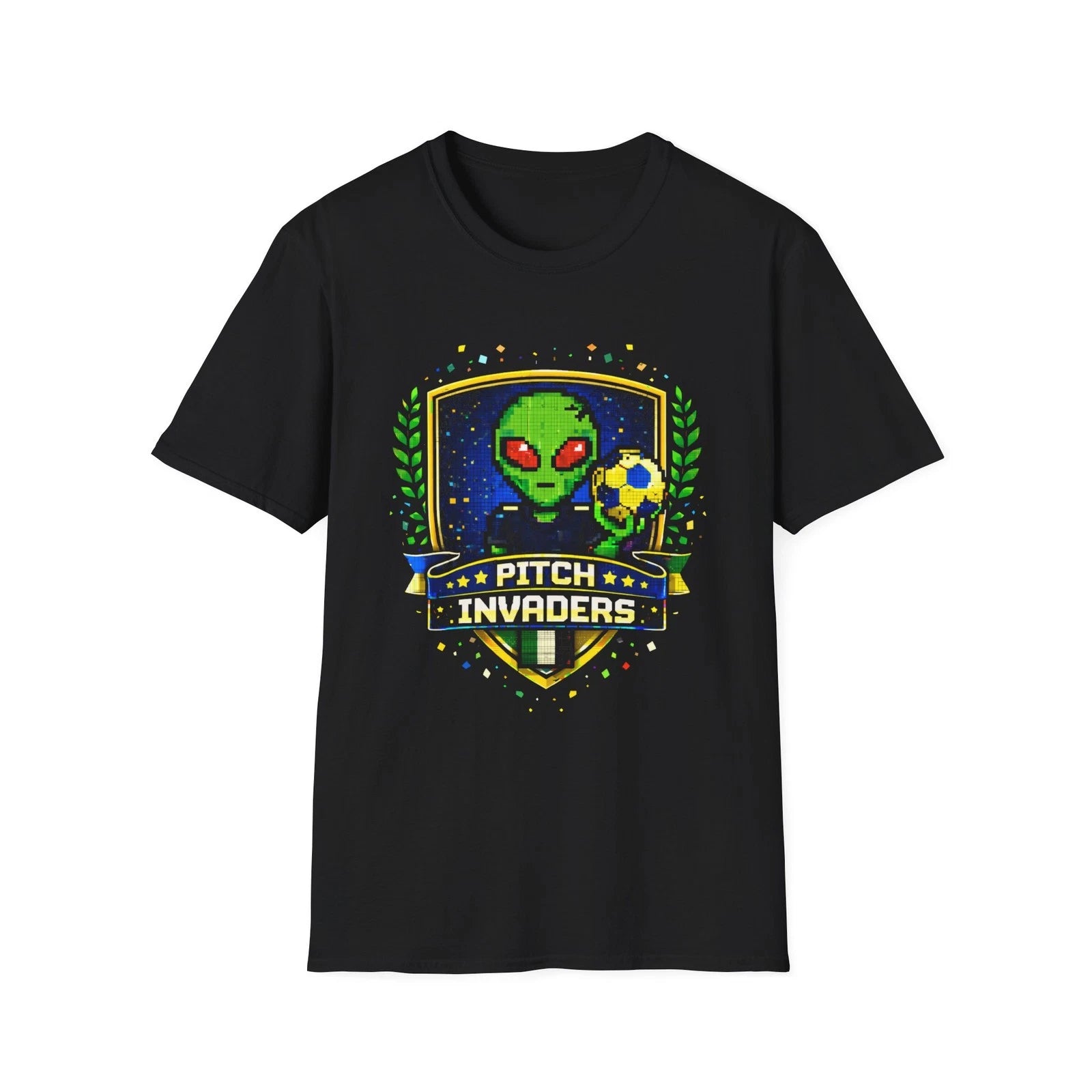 Alien Soccer Crest T-Shirt Pitch Invaders Pixel Art Space Football Badge Tee