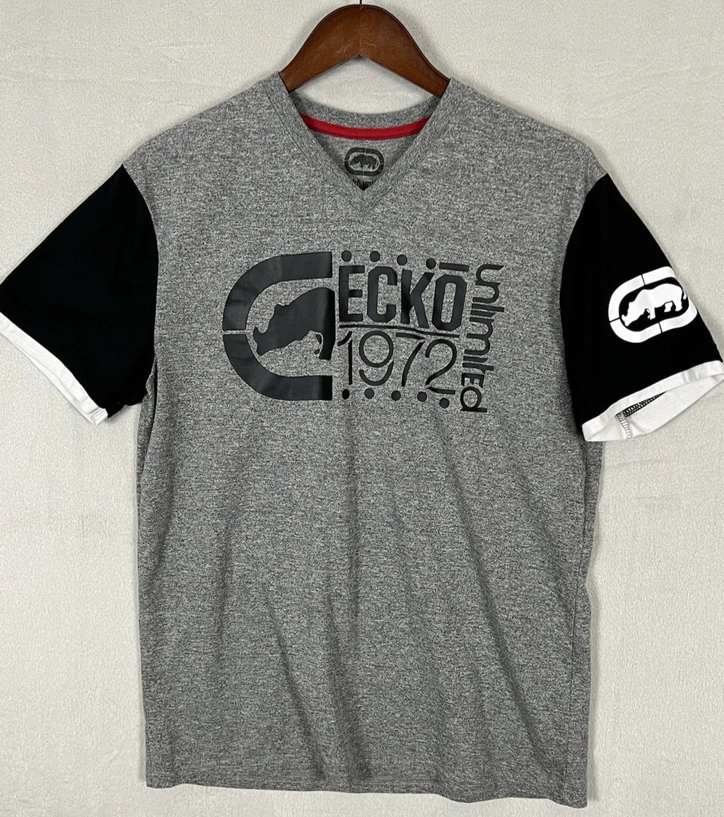 Ecko Unlimited 1972 T Shirt Size L Grey Black Color Short Sleeve V Neck Y2K