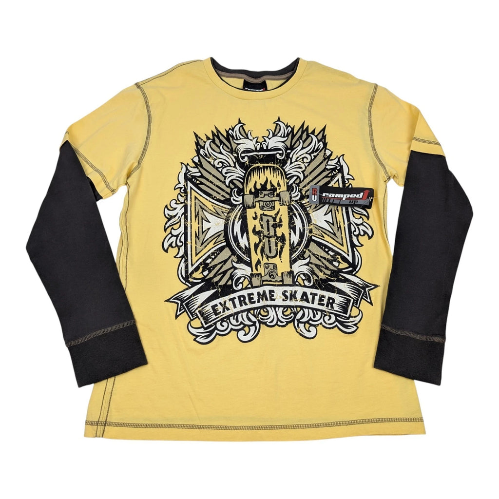 VTG Y2K Yellow Skateboard Cross Layered Long Sleeve Shirt Size XL (Fit M) - NWT