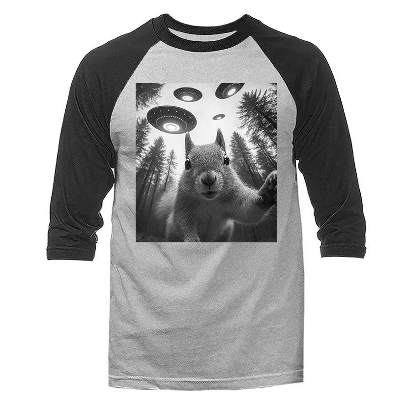 Squirrel Selfie with UFO Funny Humorous 3/4 Sleeve Raglan
