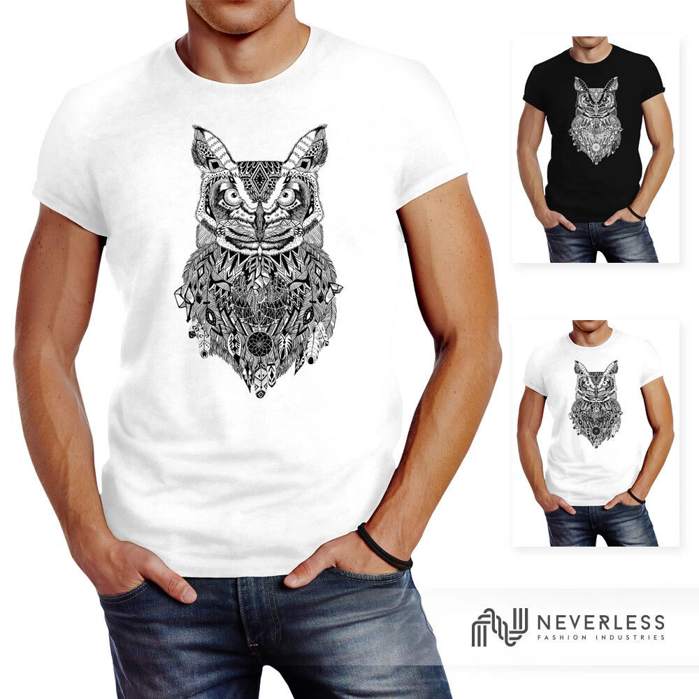 Men's Owl Atzec Print Ethnic Boho Bohamian Atzec Owl Neverless® T-Shirt