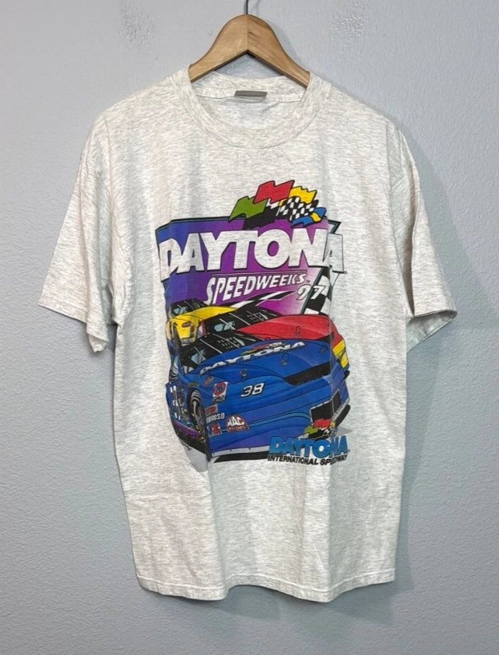 Vintage 1997 Daytona Speedweek Racing Graphic T-Shirt Men’s XL Grey Double Sided