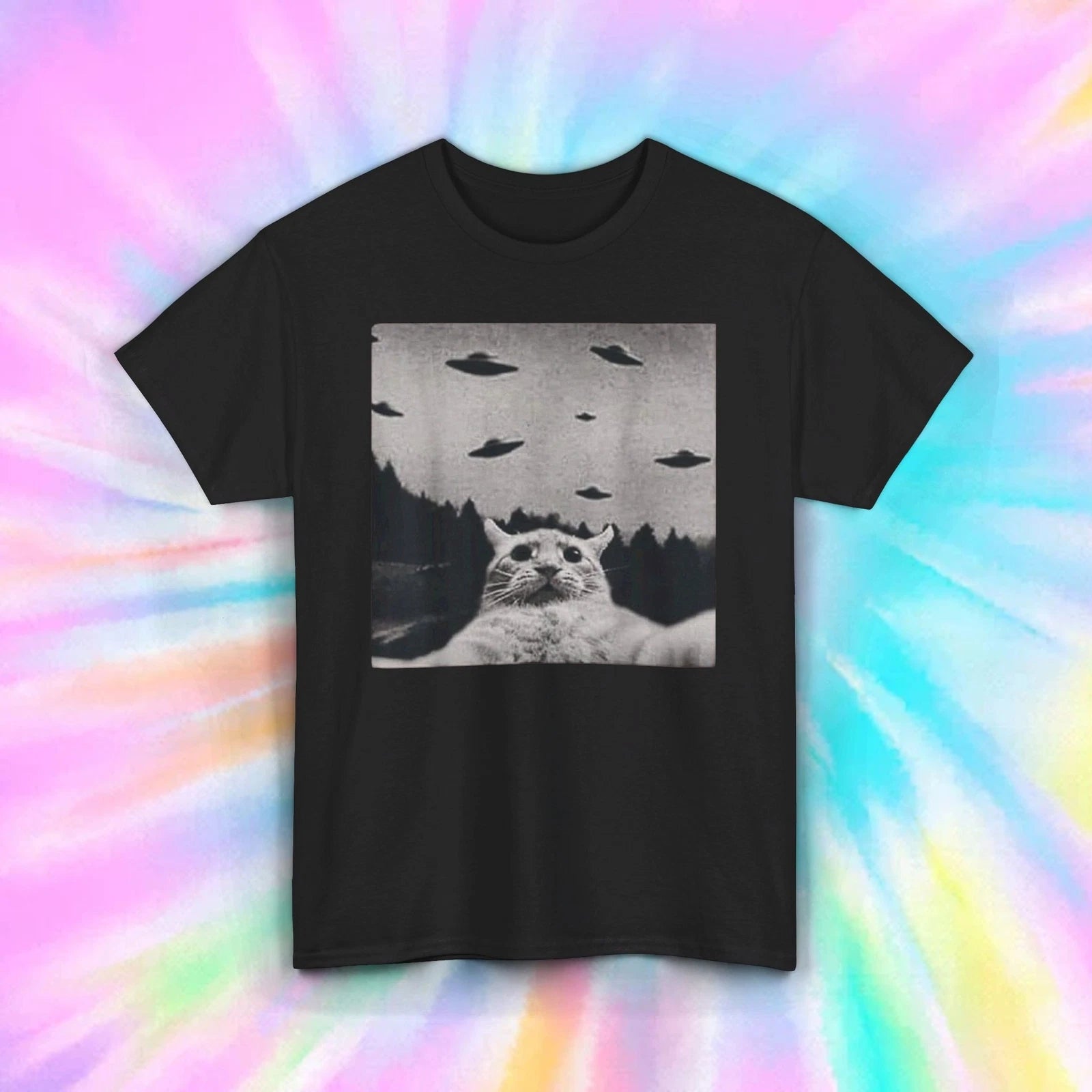Funny Cat UFO T-Shirt | Alien Spaceship Humor Graphic Tee | S-5XL Gift