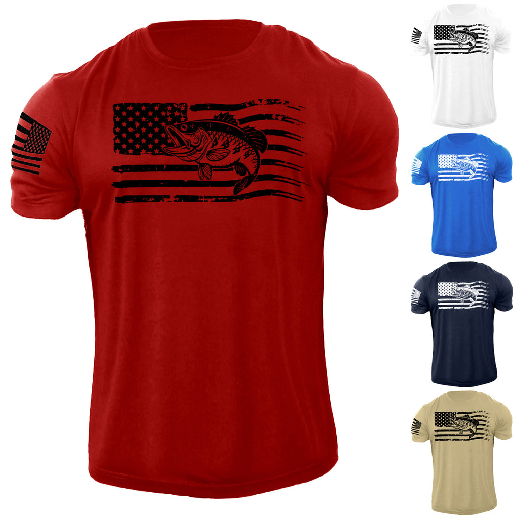 Men's USA Fish Flag T Shirt American Patriotic 100% Cotton