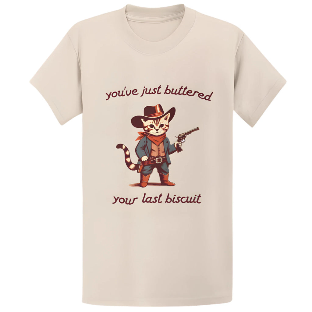 Gildan 5000 Buttered Your Last Biscuit Cowboy Cat T-Shirt, Funny Meowdy Gift Tee