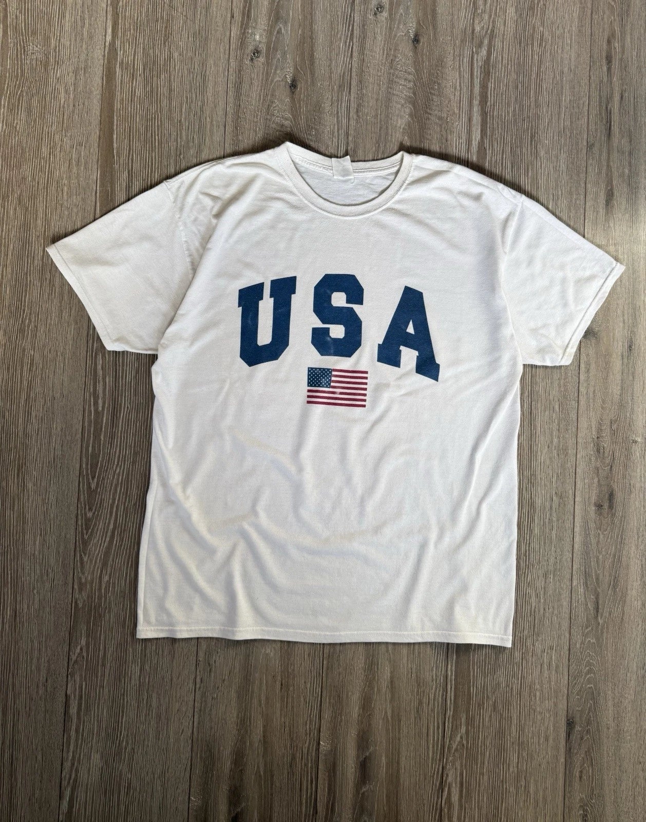 Vintage Y2K USA American Flag T Shirt Men’s Size L-XL Distressed White Spell Out