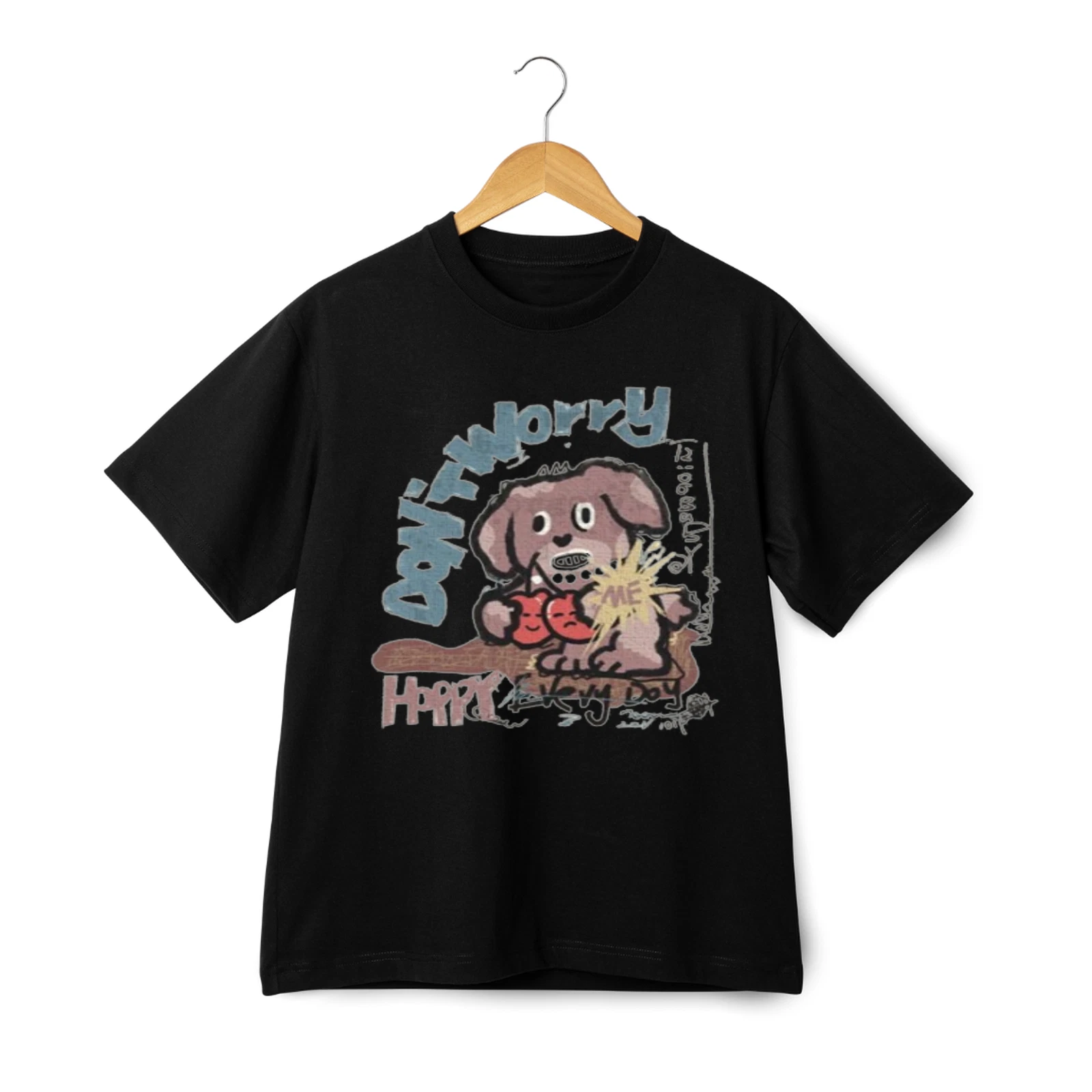 Don't Worry Happy Every Day Graphic T-shirt Cute Cartoon Puppy Lovers, Dogs Tee