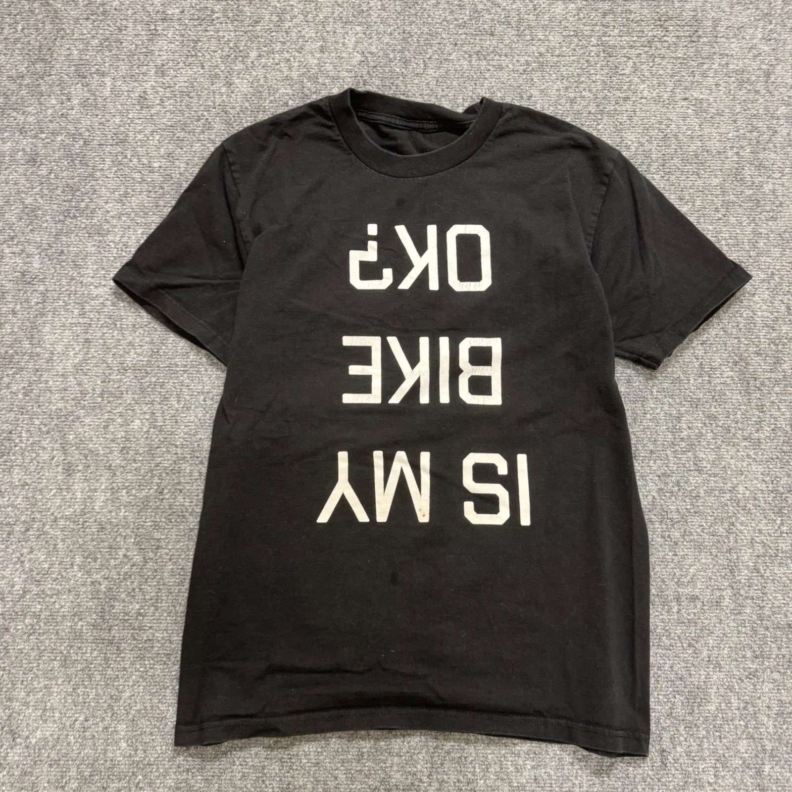 Is My Bike Okay T-shirt Men's M Black Word White Grunge Y2K Shirt