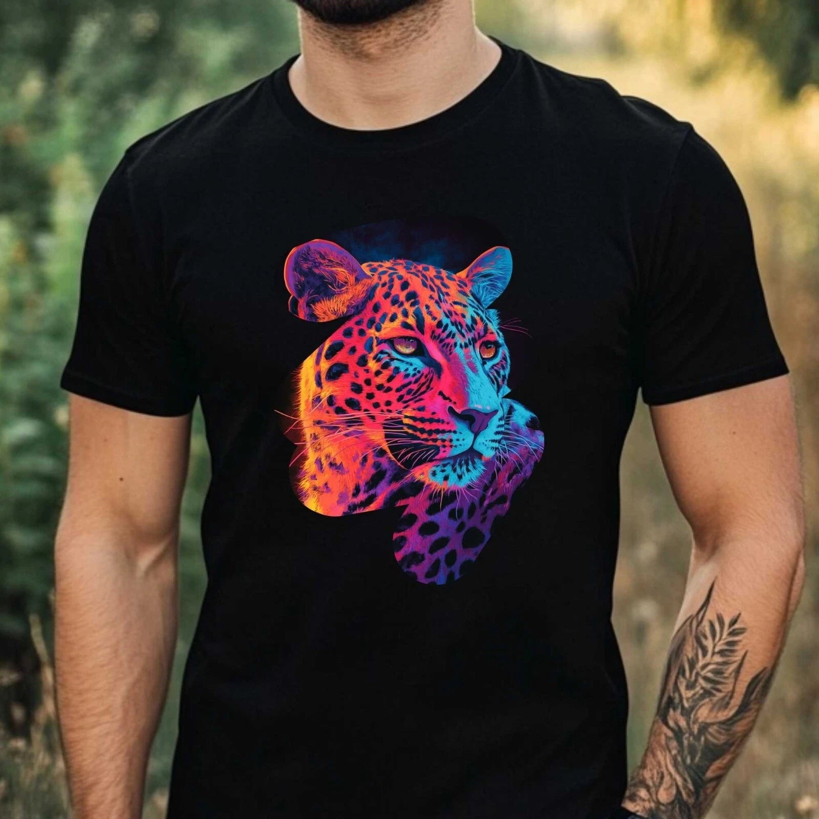 Mens Neon Leopard Print Cotton T-Shirt Size XS to 5XL