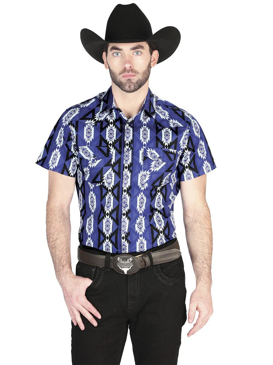 Men's Blue Short Sleeve Shirt Western Cowboy El Señor De Los Cielos 44460