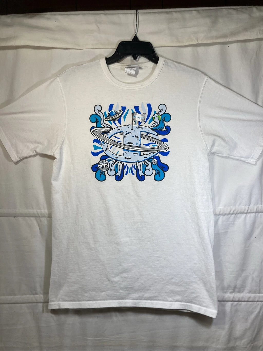 VTG 90s CHAMPION Brand Space Moon Spaceship T-Shirt Sz Large White Pop Art SK8