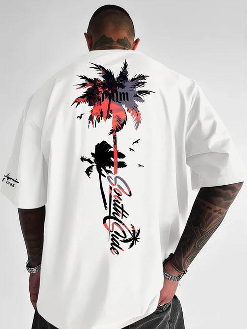2026 New Tropical Sunset Palm Tree Graphic T-shirt, Men's Summer Streetwear Tee