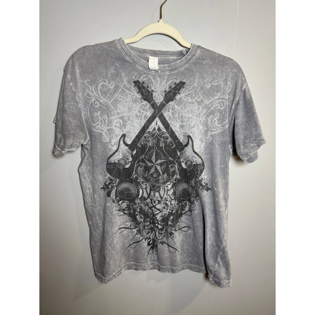 Mens Medium vintage Gray T Shirt Short Sleeve Rock Guitar Skull Star Print Y2K