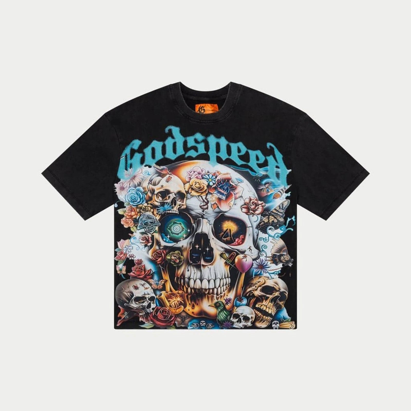 Godspeed T-Shirt Skull Flowers Graphic Tee Vintage Washed Black Streetwear M-XXL