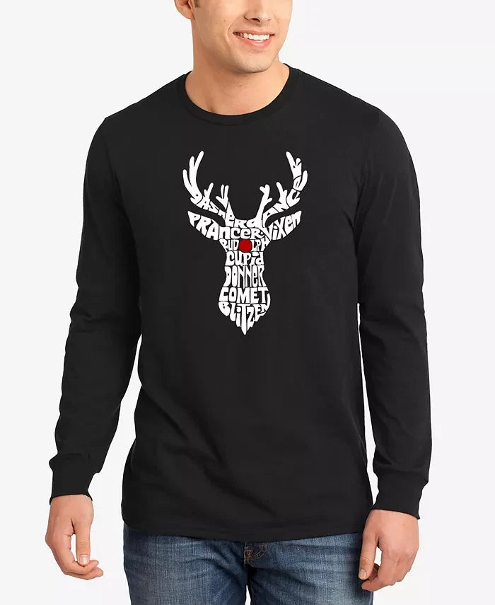 LA Pop Art Men's Size L Christmas Reindeer Text Long Sleeve T-shirt, Black,