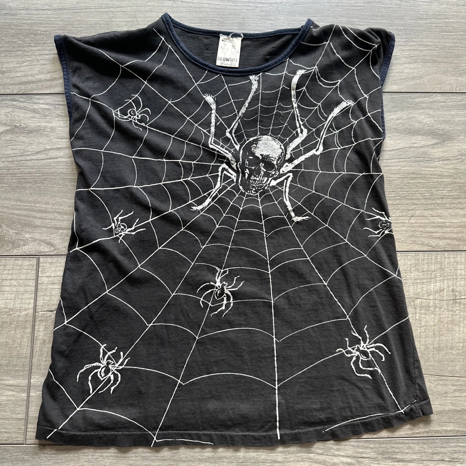 VINTAGE 90s Blowout Skull Spiderweb T Shirt Goth Punk AOP Black Sleeveless Small