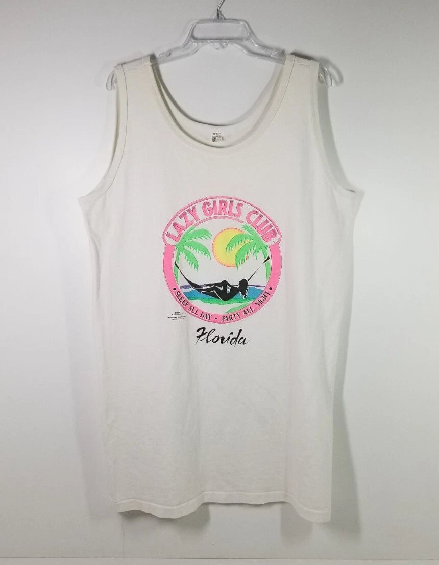 Vtg Lazy Girls Club White Neon Graphic Tank Top Shirt Mrs Love UNLTD Men XL USA