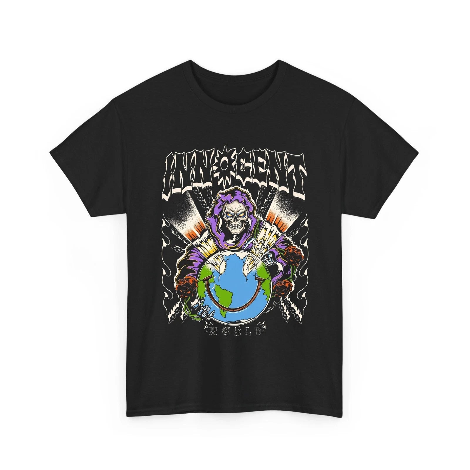 Grim Reaper Innocent World Globe Chains Roses Y2K Graphic T-Shirt