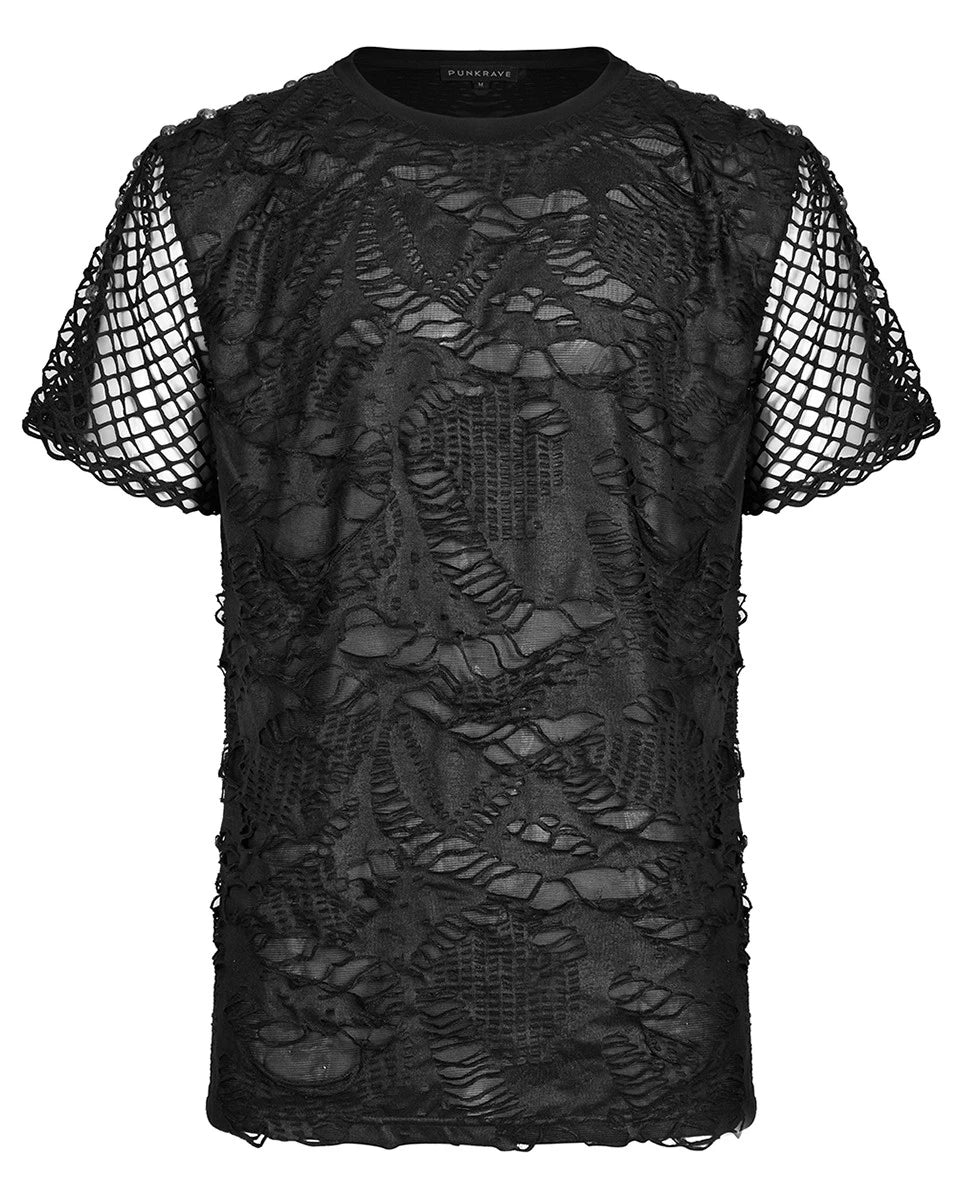 Punk Rave Mens Gothic Apocalyptic Grunge Shredded Fishnet Mesh T Shirt Top Black