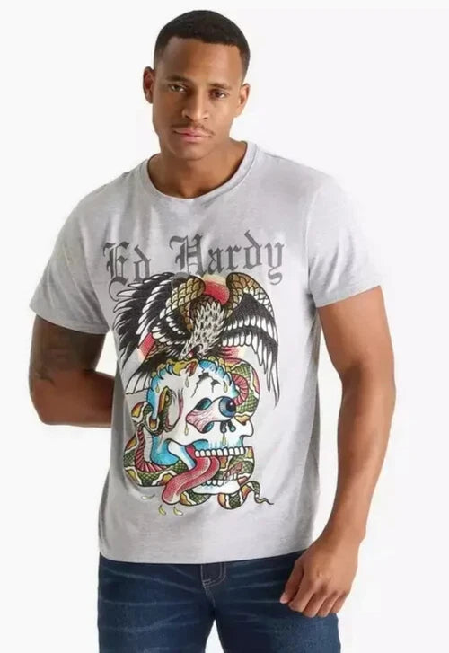 Ed Hardy Mens XL Rhinestone Battle Skull Tattoo Graphic Shirt Gray Y2K Vintage