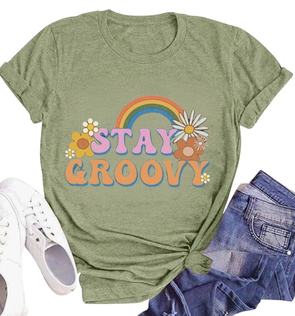 Stay Groovy Rainbow T-Shirt | Retro Hippie 70’s Flower Graphic Tee Tops Medium