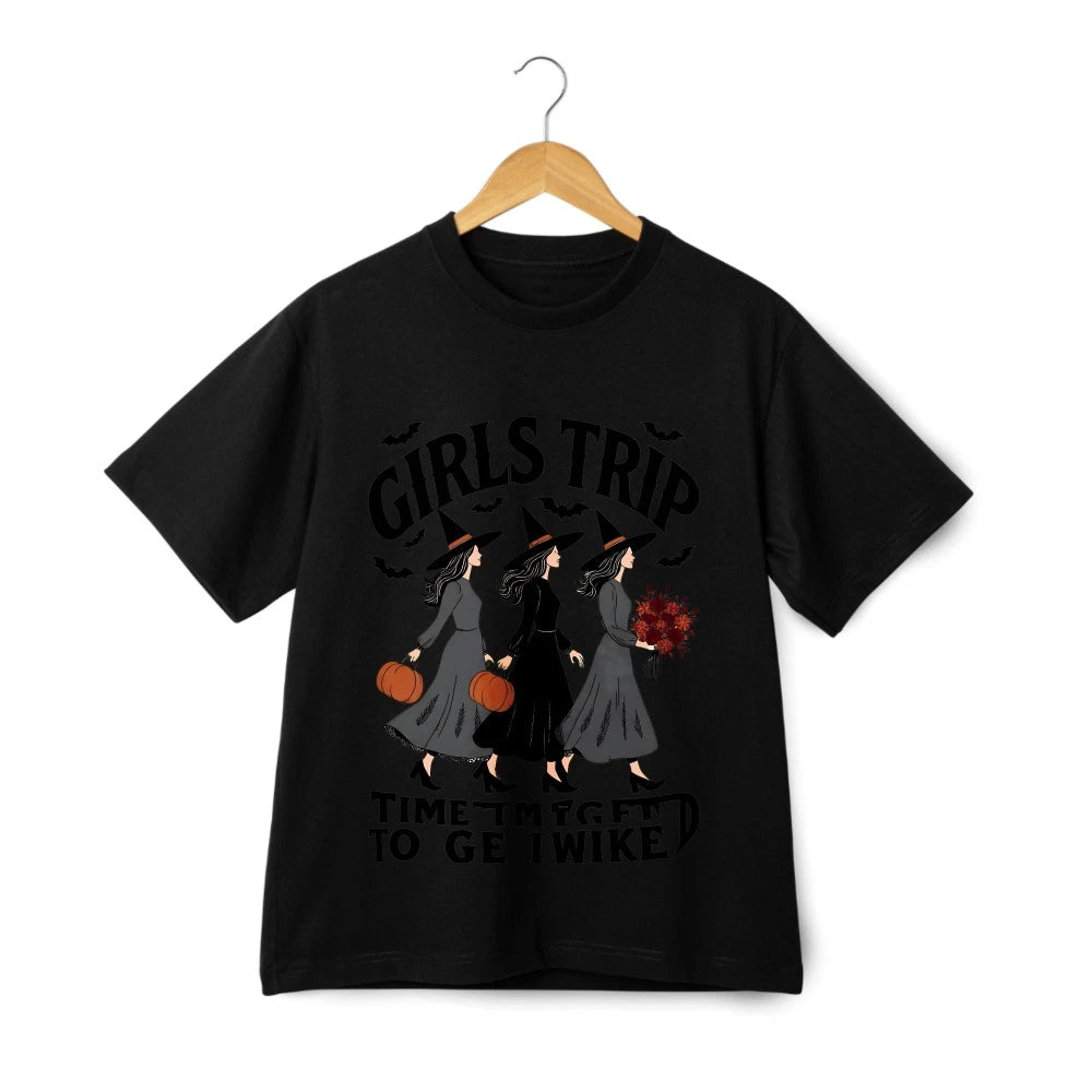 Halloween "Girls Trip" Witch-themed Cartoon Casual T-shirt | (Black and White )