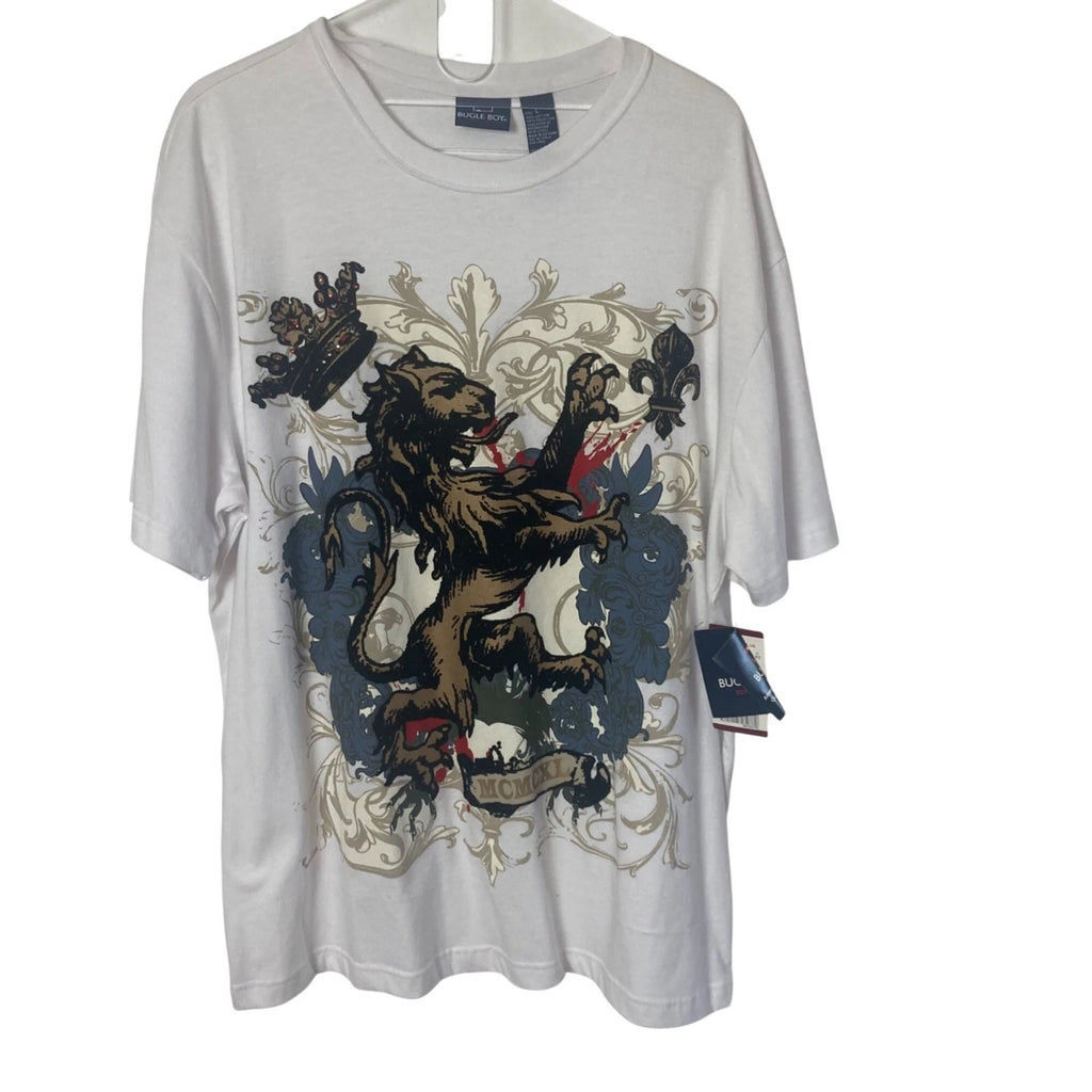 Vintage Bugle Boy Lion Crest Graphic T Shirt Velvet Rhinestones Large Y2K NWT
