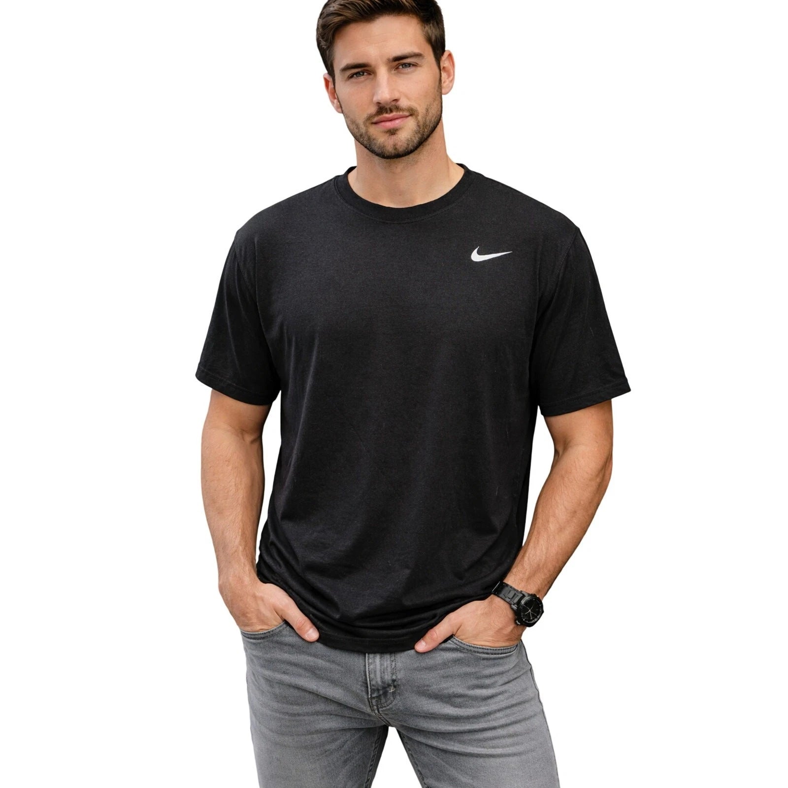 Nike dri fit basic active performance minimalist t shirt black white check XL