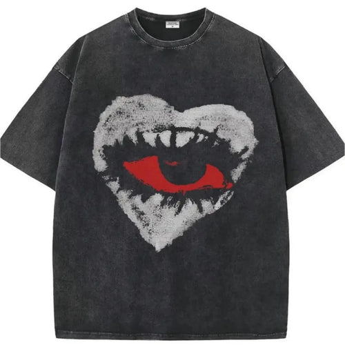 230g Heavyweight Vintage Washed Gothic Heart Red Eye Graphic T-Shirt, 100% Cotto