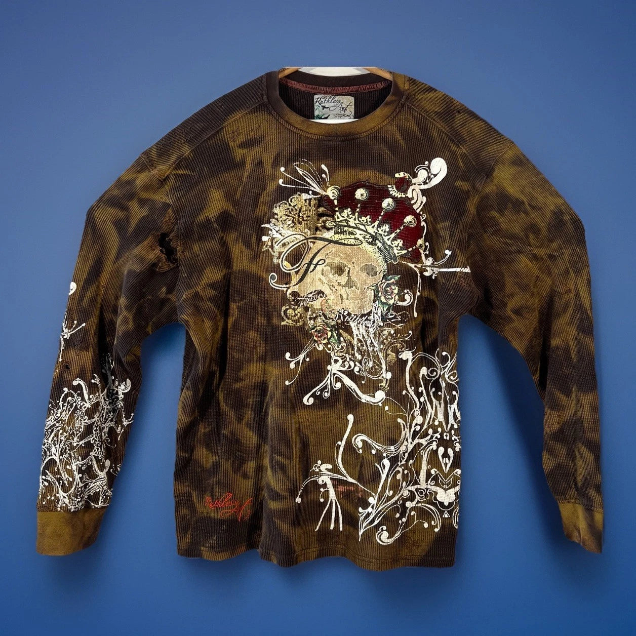 Ruthless Art Tshirt Mens 2XL Waffle Knit Thermal Skull L/S Distressed Thrashed