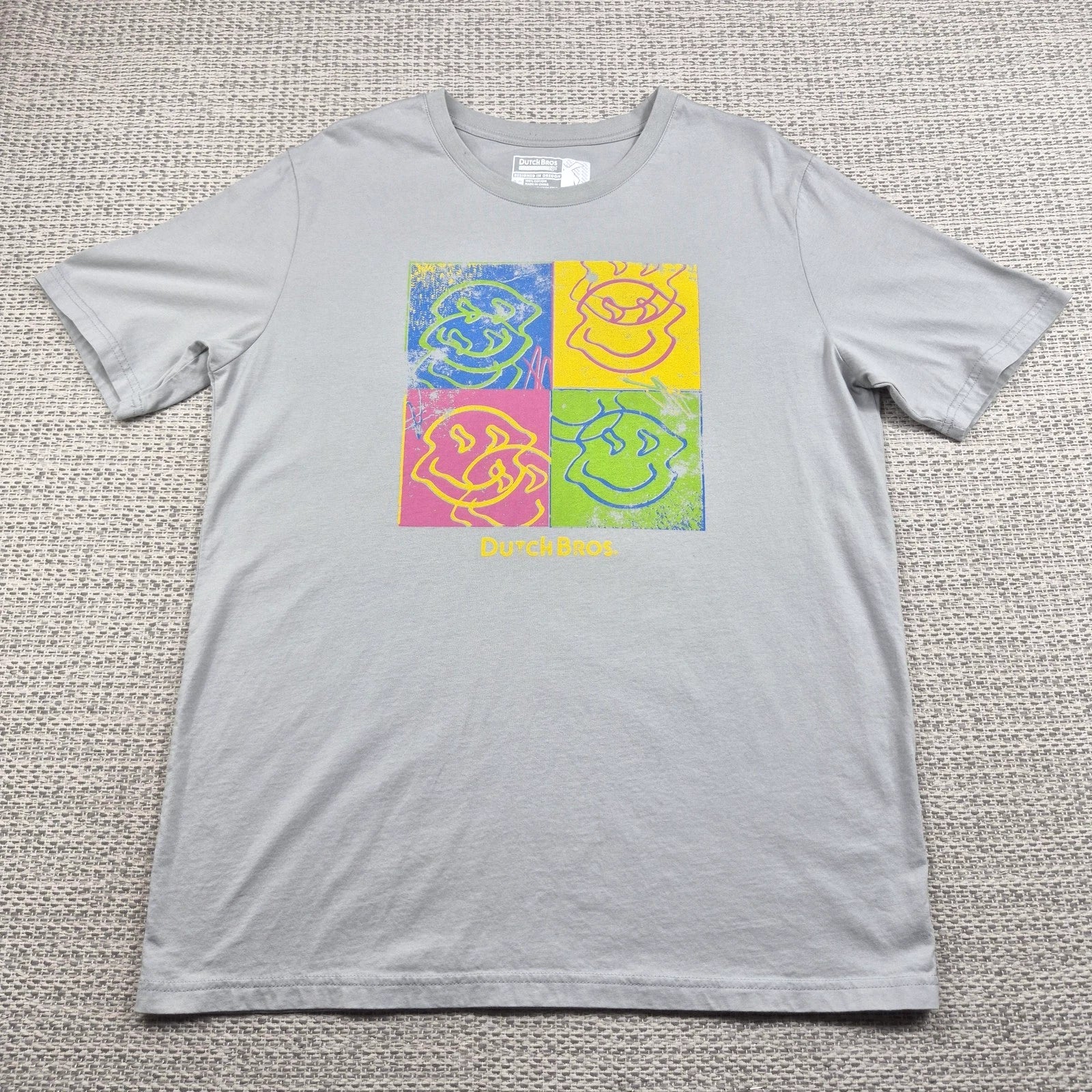 Dutch Bros Shirt Mens XL Gray Pop Art Smiley Graphic Logo Coffee Tee Streetwear