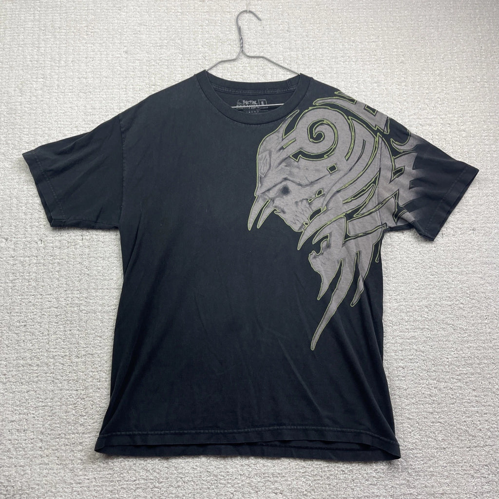 VTG Y2K Metal Mulisha Motocross Tribal Skull Graphic AOP Shirt Black Men Size L