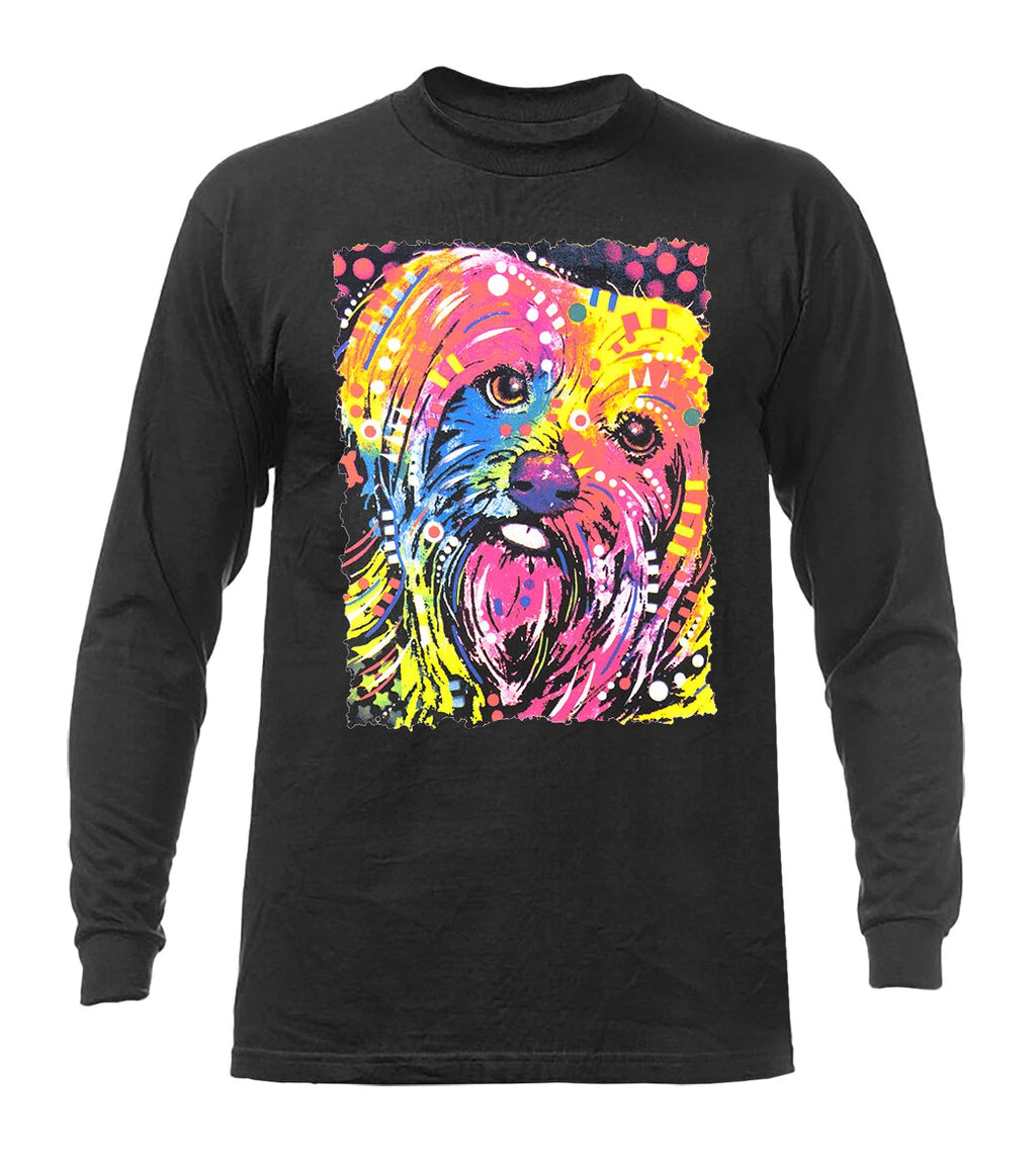 Pop Art Yorkie Dog Neon Rainbow Dog Face Long Sleeve T-Shirt