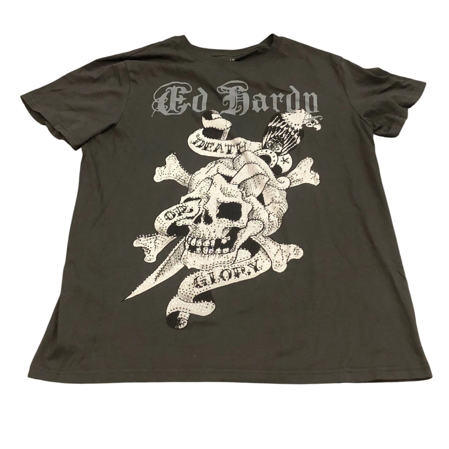 Ed Hardy Death Or Glory Skull Rhinestone Charcoal T-Shirt Mens Large Grunge