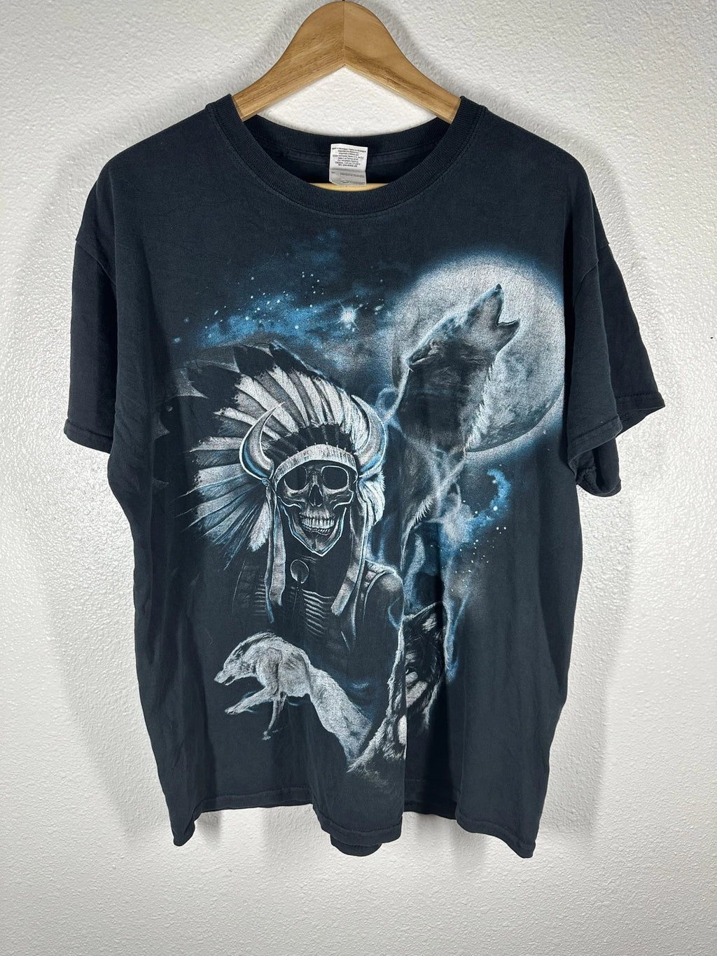 Wolf Moon Skull Headdress Shirt Mens Large Black Graphic Tee Gildan Cotton