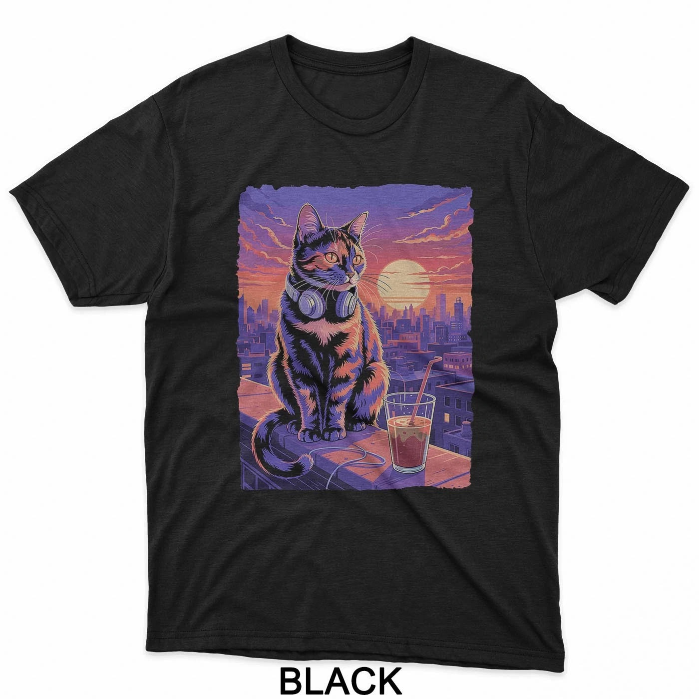 Cool Sunset Dj Cat Headphones Chill Urban Aesthetic T-Shirt