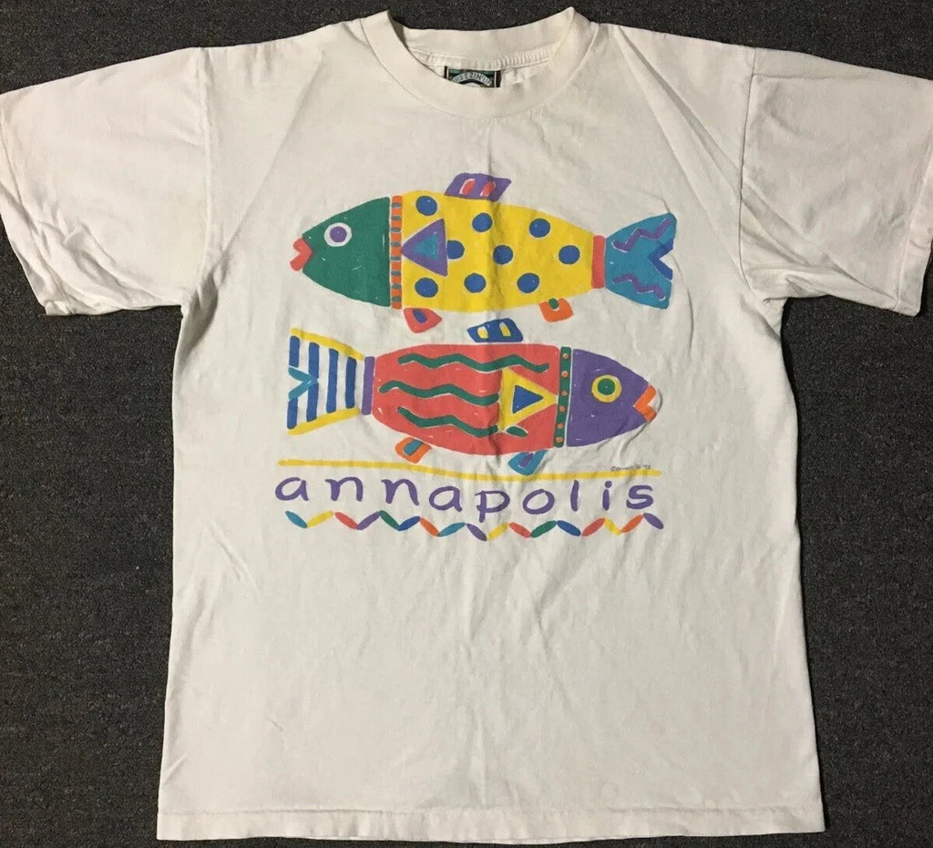 Vtg 90s Annapolis Fish Faded Spellout Shirt M USA Nature Pop Art Beach Grunge MD