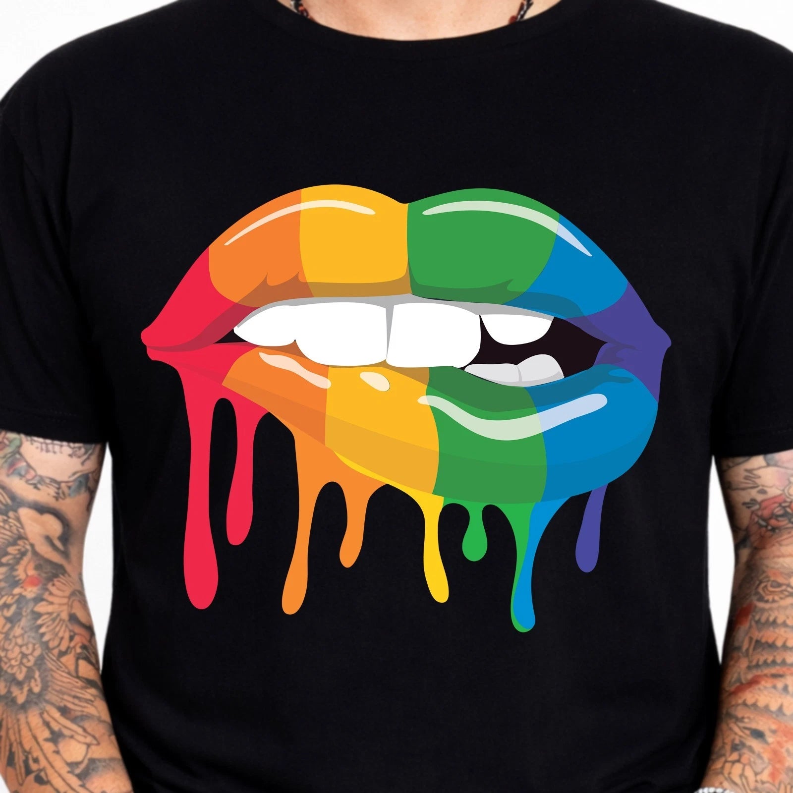 Rainbow Dripping Lips Graphic Tee LGBT Pride Streetwear Pop Art Fashion Shirt.