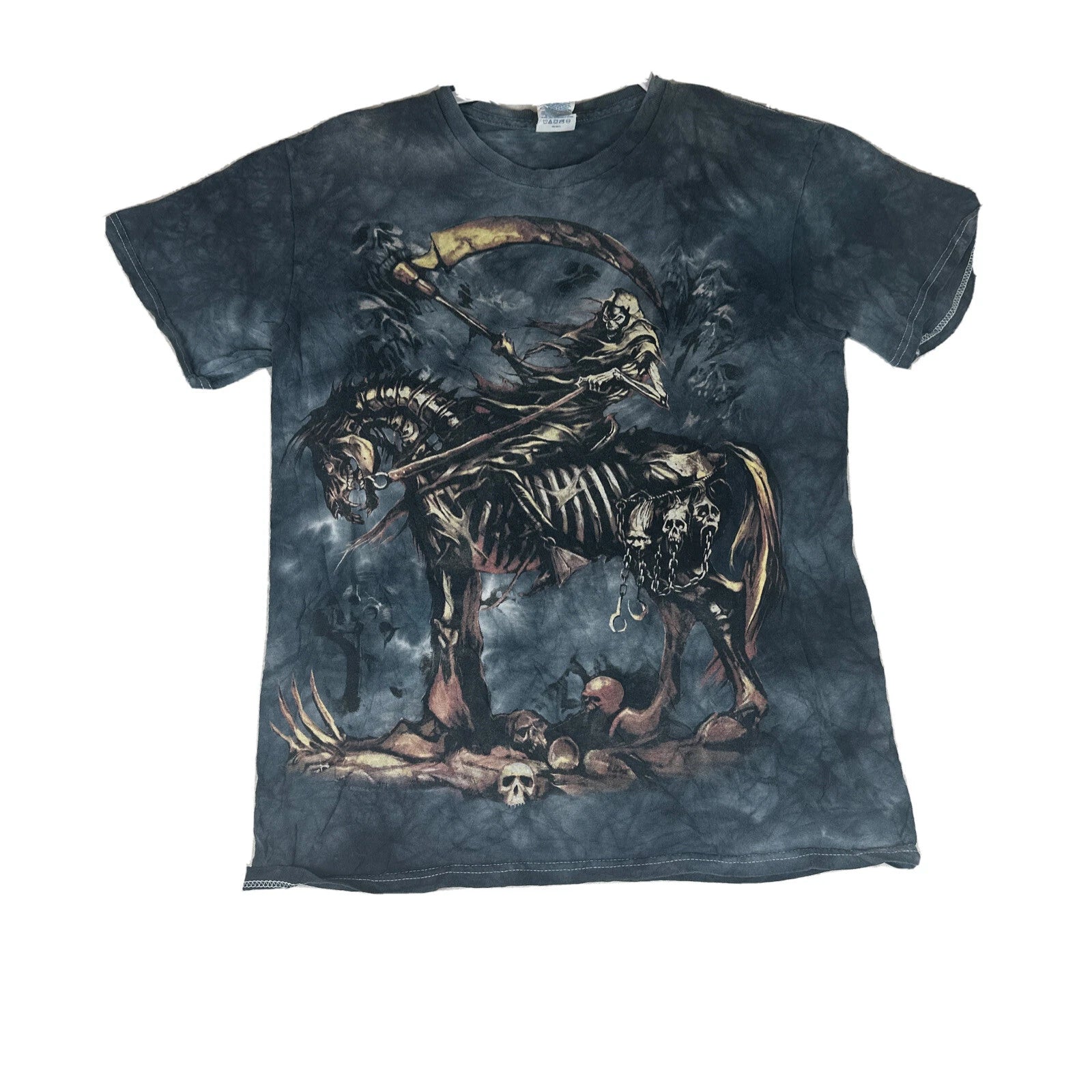 Vtg Y2K Graphic Tee Shirt S/XS GRAY AOP Skull  Grunge EUC Reaper