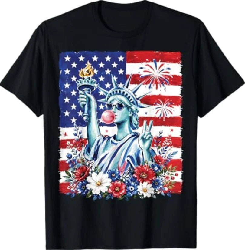 Statue of Liberty Blowing Bubble Gum 4th of July Patriotic T-Shirt
