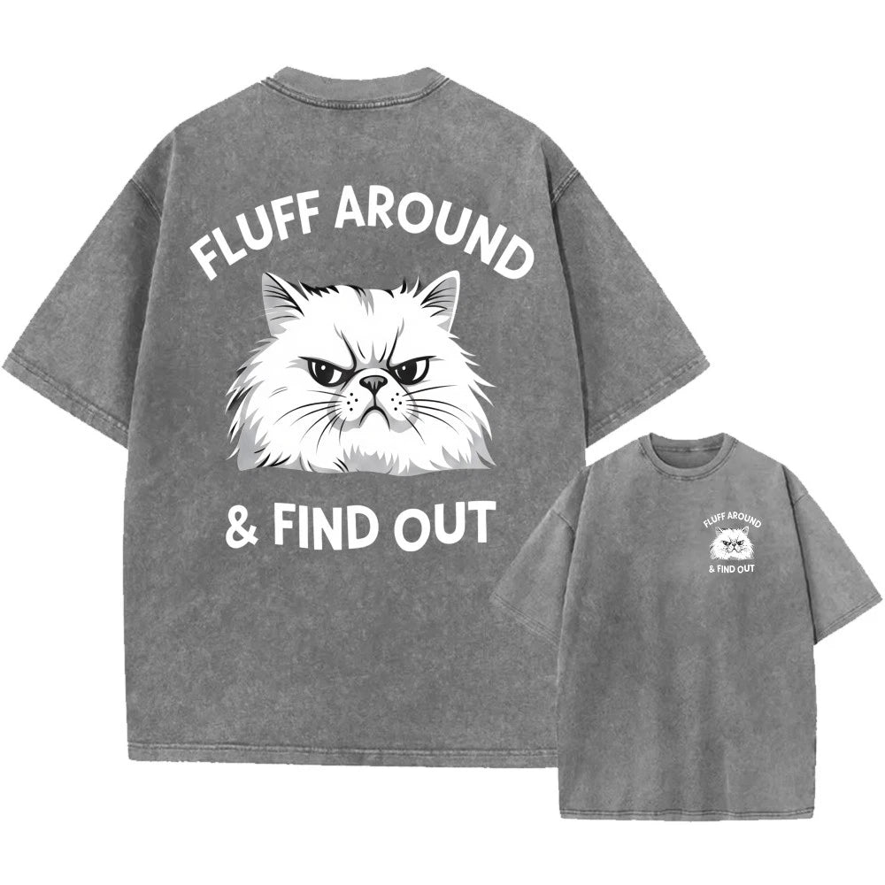 Oversized Vintage Washed T-Shirt, Sassy Cat "Fluff Around" Print Unisex Tee