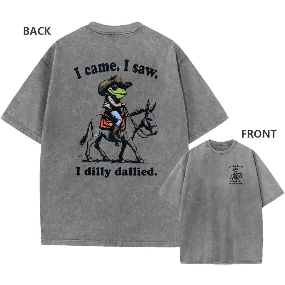 Men's Vintage Oversized Washed T-Shirt Retro Funny Cowboy Frog Casual Tee