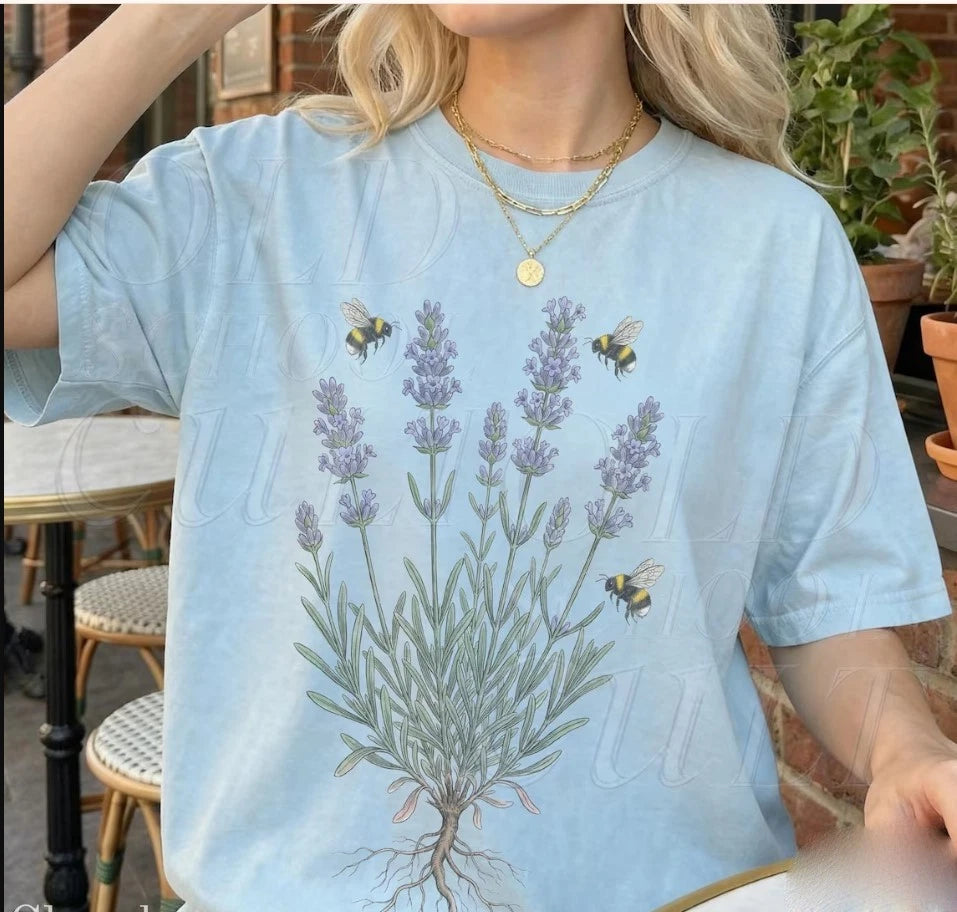 Vintage Lavender Flower 90s Graphic T-shirt, Retro Comfort Colors® Bumble Bees