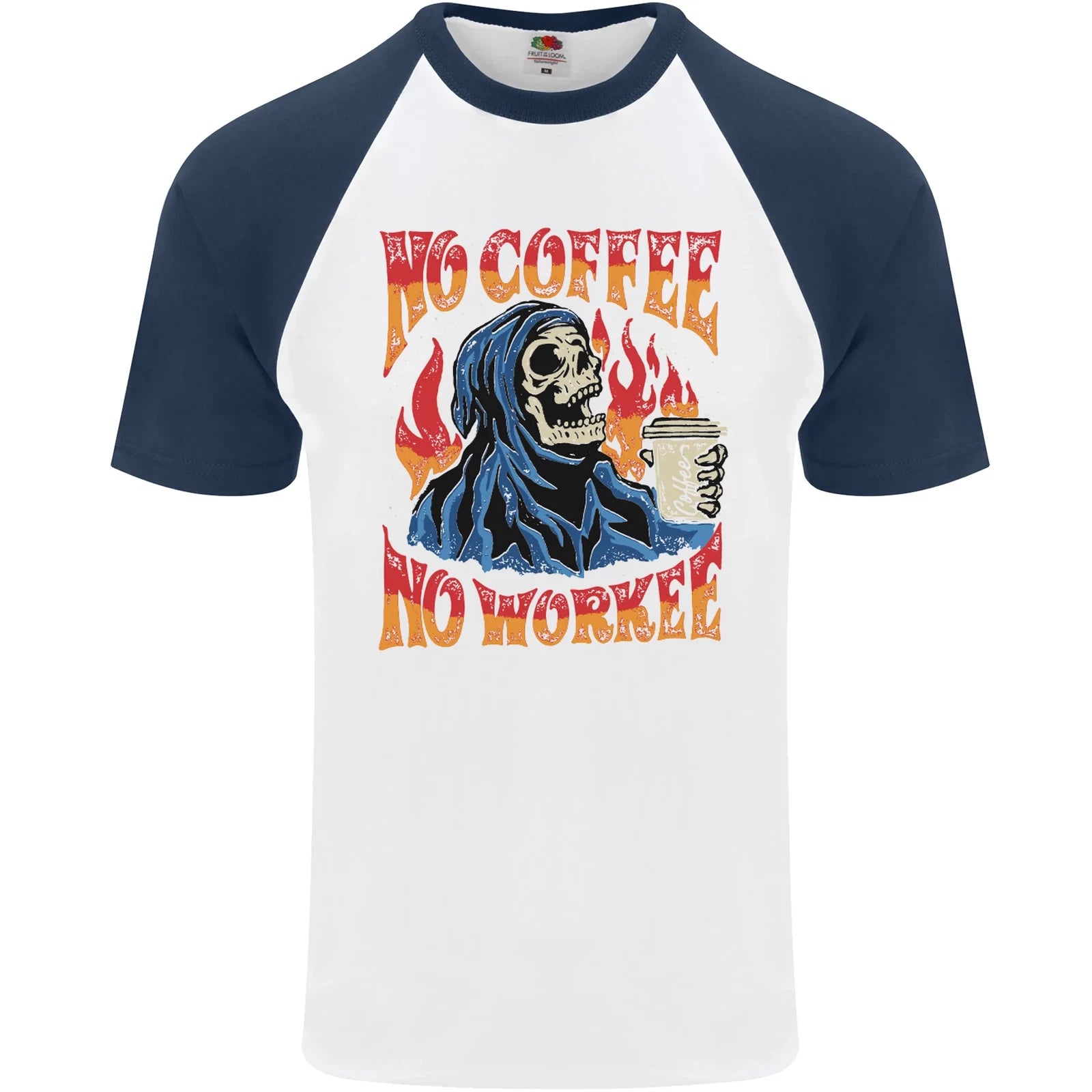 No Coffee No Work Funny Skull Grim Reaper Mens S/S Baseball T-Shirt